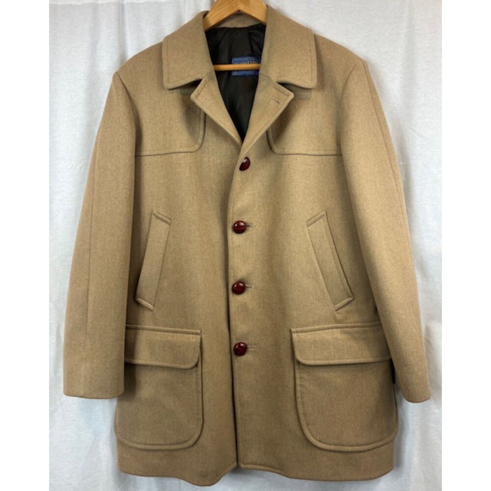 Vintage Pendleton Wool Overcoat Trench Coat Tan Brown USA Size 42